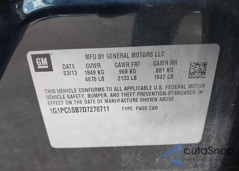 2013 Chevrolet Cruze 1Lt Auto из США, поврежденный, VIN 1G1PC5SB7D7278711